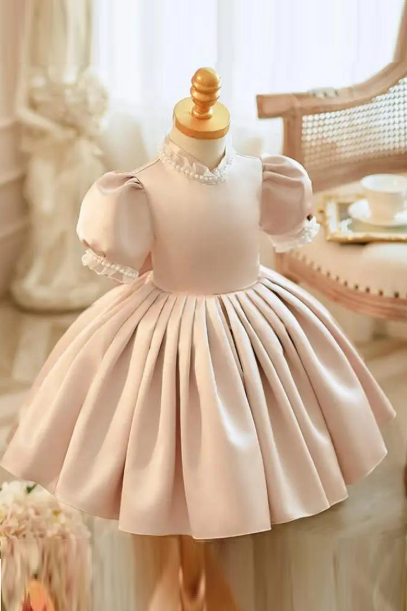 Children's Princess Ball Gown Bow Pearls Puff Sleeve Design Wedding Birthday Baptism Party Girls Dresses