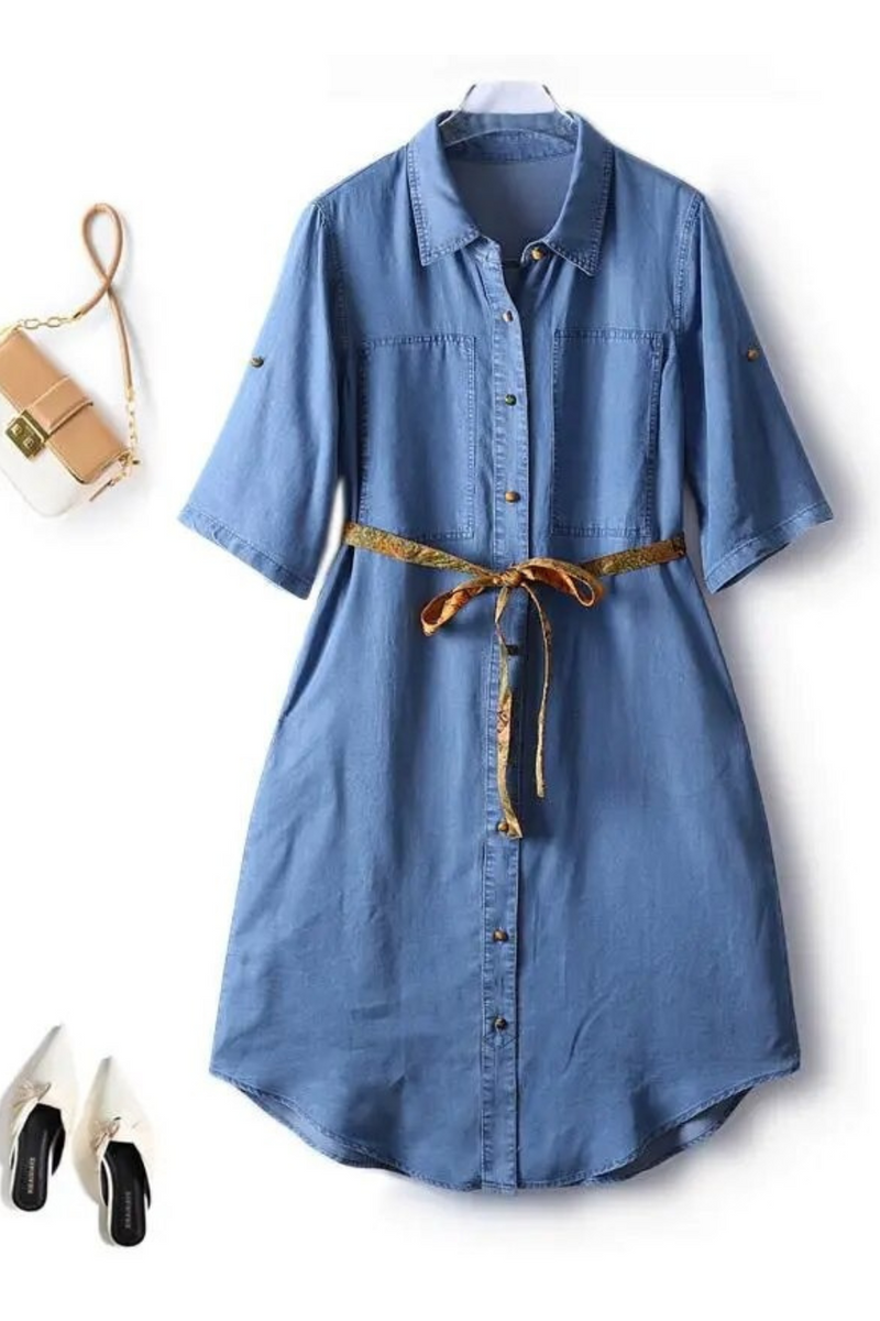 Denim Blue Dresses Women Summer Thin Single Breasted Cardigan Drape Female Dress