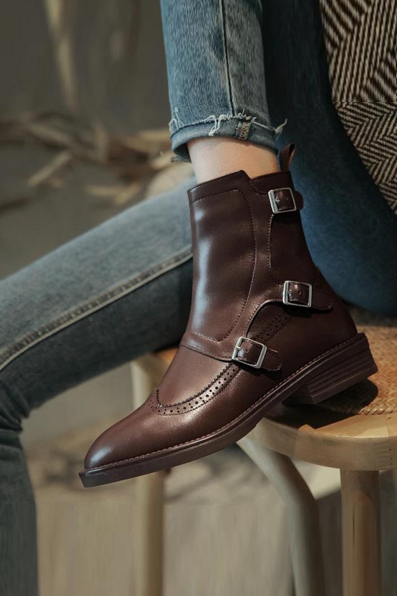 Autumn Woman Buckle Chelsea Boots Handmade Genuine Leather Round Toe Boots