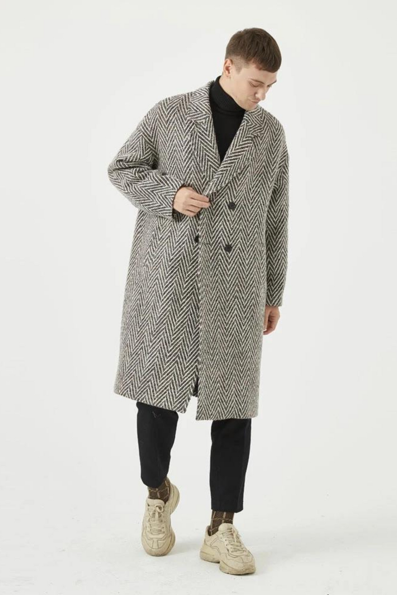 Striped Woolen Overcoat  Men's Loose Double Breasted Warm Trench Coat