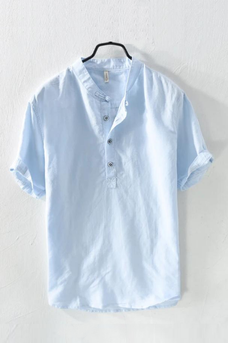 Linen shirt men blue casual shirts for men stand collar shirts male tops short sleeve shirt