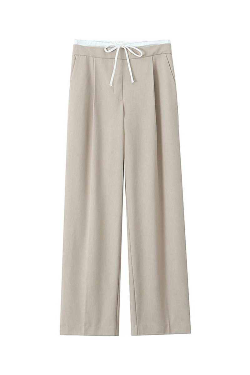 Women Drawstring Double High Waist Wide Leg Pants Female Casual Trousers