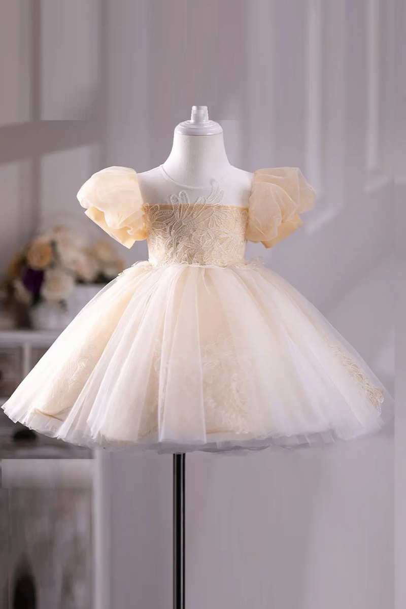 Champagne Girl Dress Appliques Princess Baby Kids Wedding Birthday Party Prom Gown