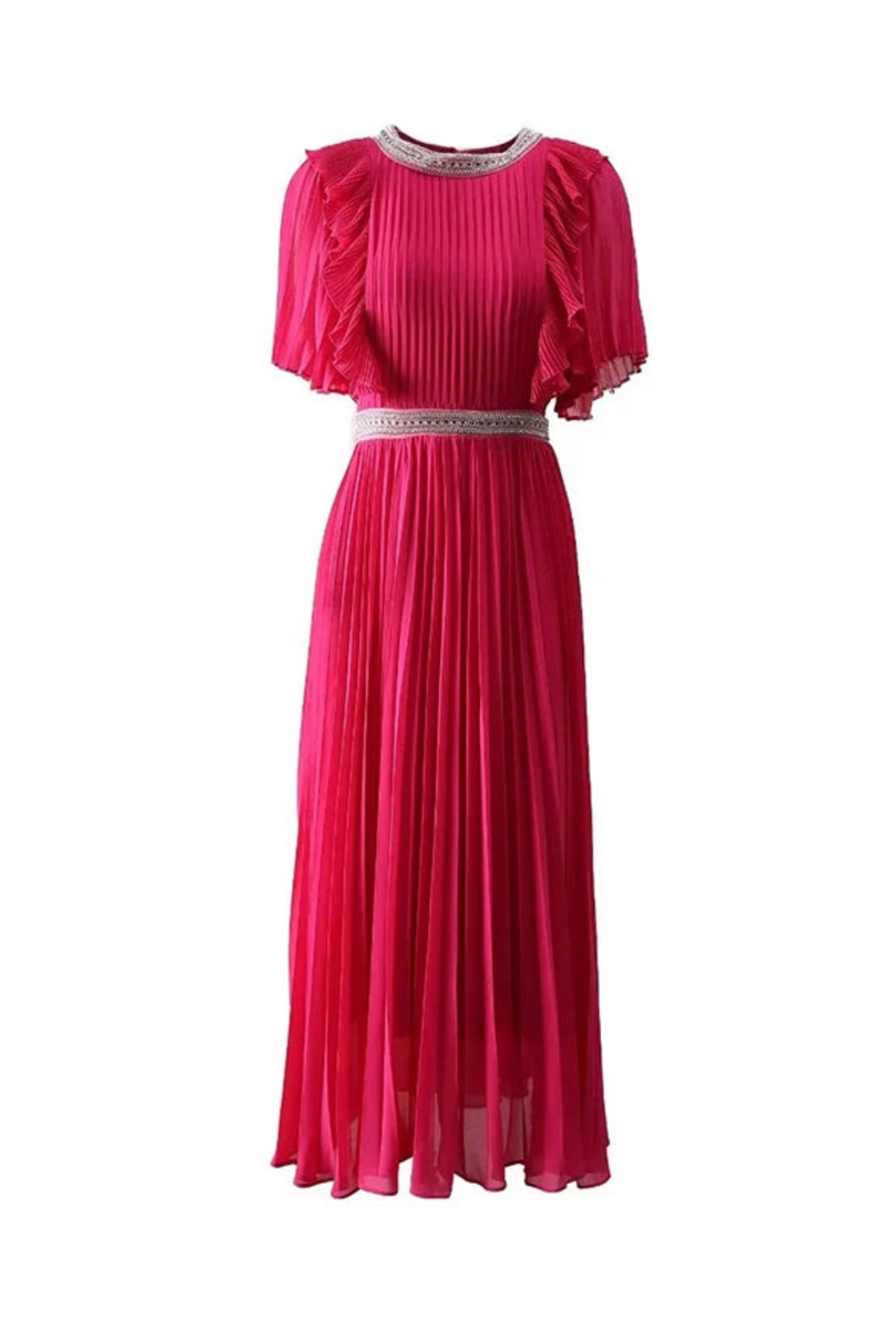 Spring Summer Women's Pleated Dress Flare Sleeved Beading Flounced Edge Dresses