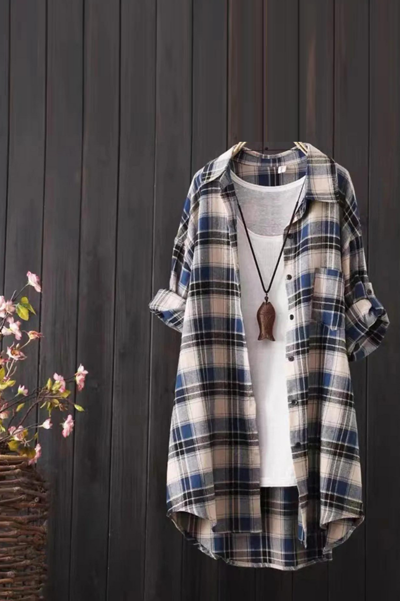 Women Casual Plaid Oversized Loose Button Shirt Blouse Female Mid-Length Top Plaid Shirts