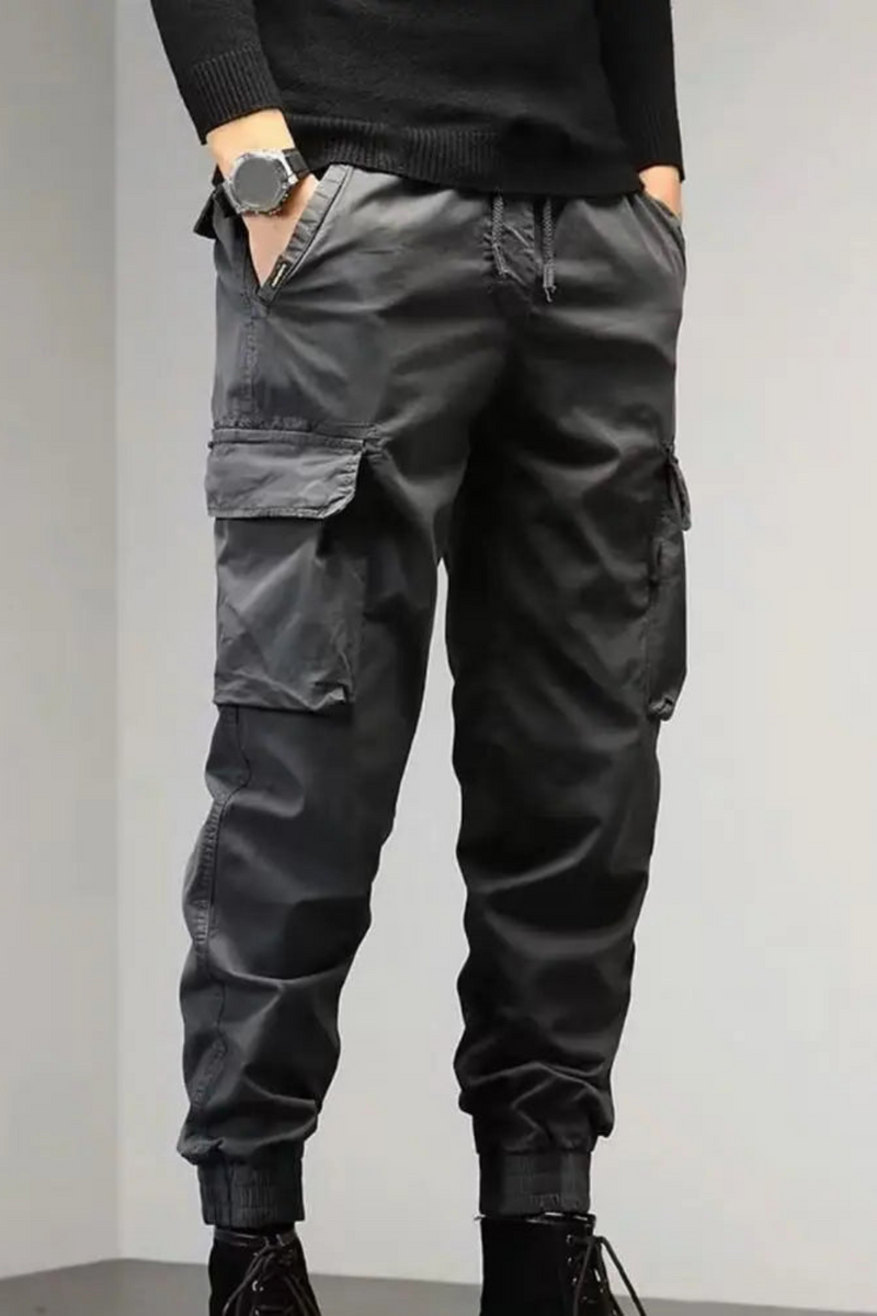 Cargo Pants with Pockets Elastic Waist Solid Spring Autumn for Men