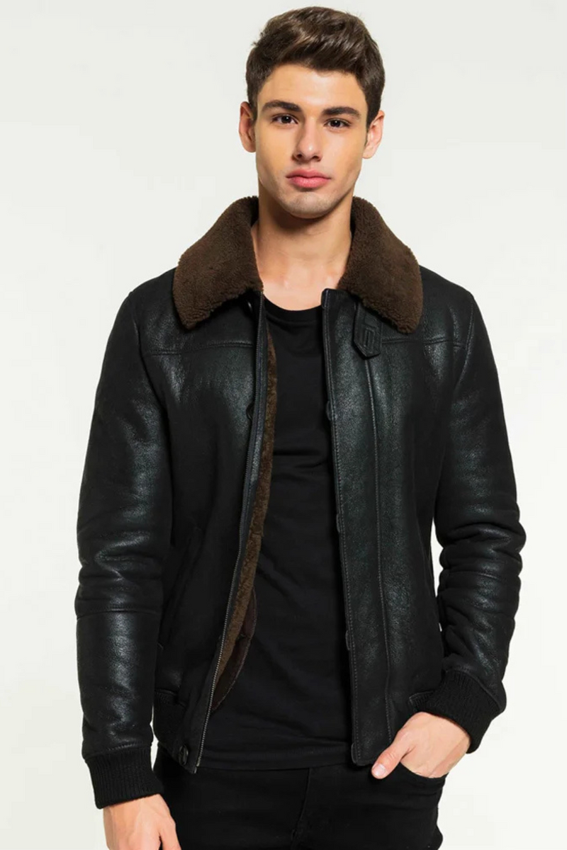 Men Black Shearling Jacket Coat Short Thick Warm Men Fur Jacket