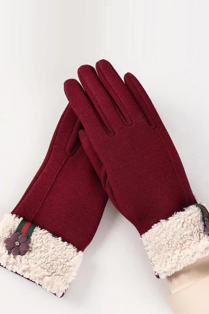 Female Winter Sports Fitness Warm Gloves Fashion Women Wrist Flowers Plus Cashmere Cotton Full Finger Touch Screen Gloves 13F