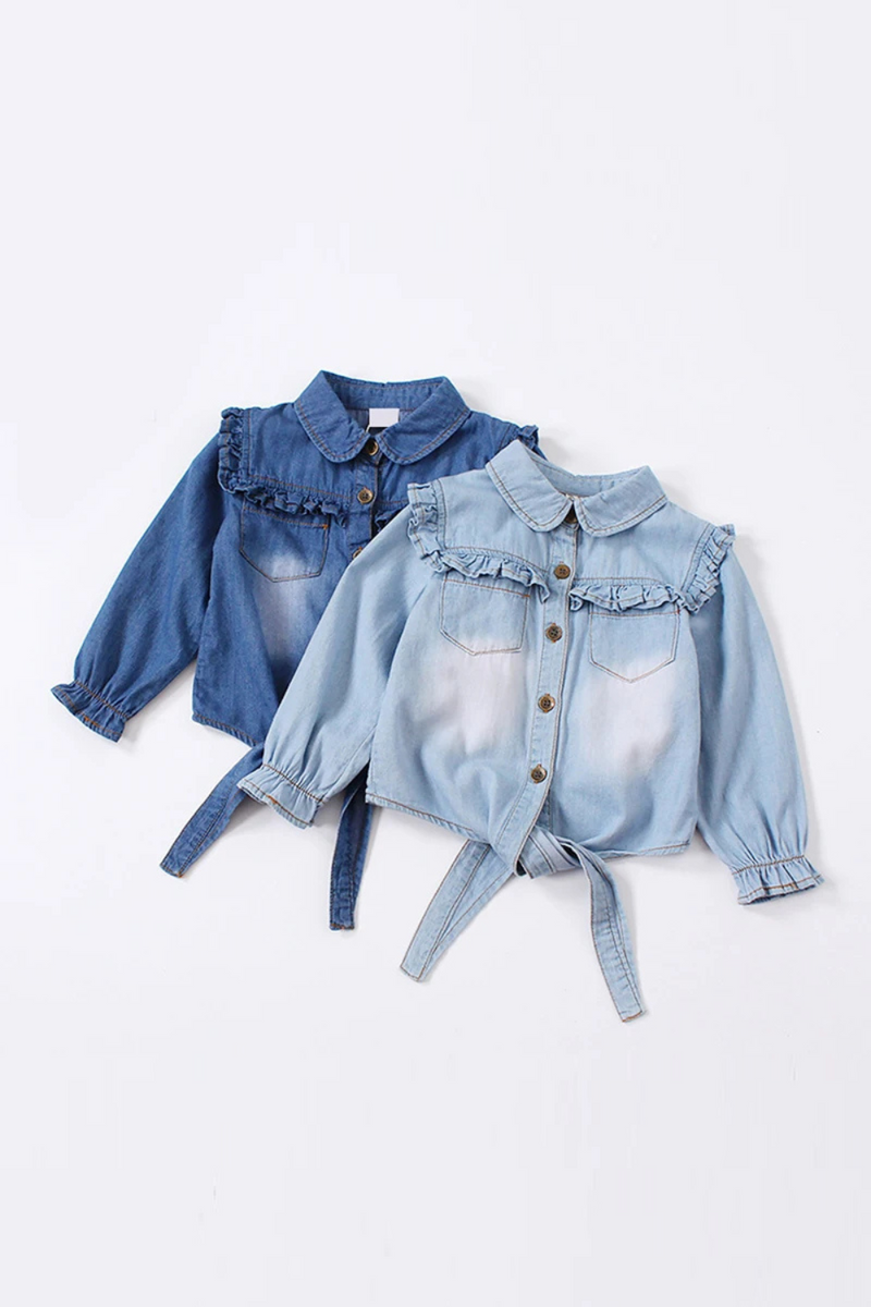 Summer shirt cotton girls clothes casual ruffles denim blouse kids toddler baby girls