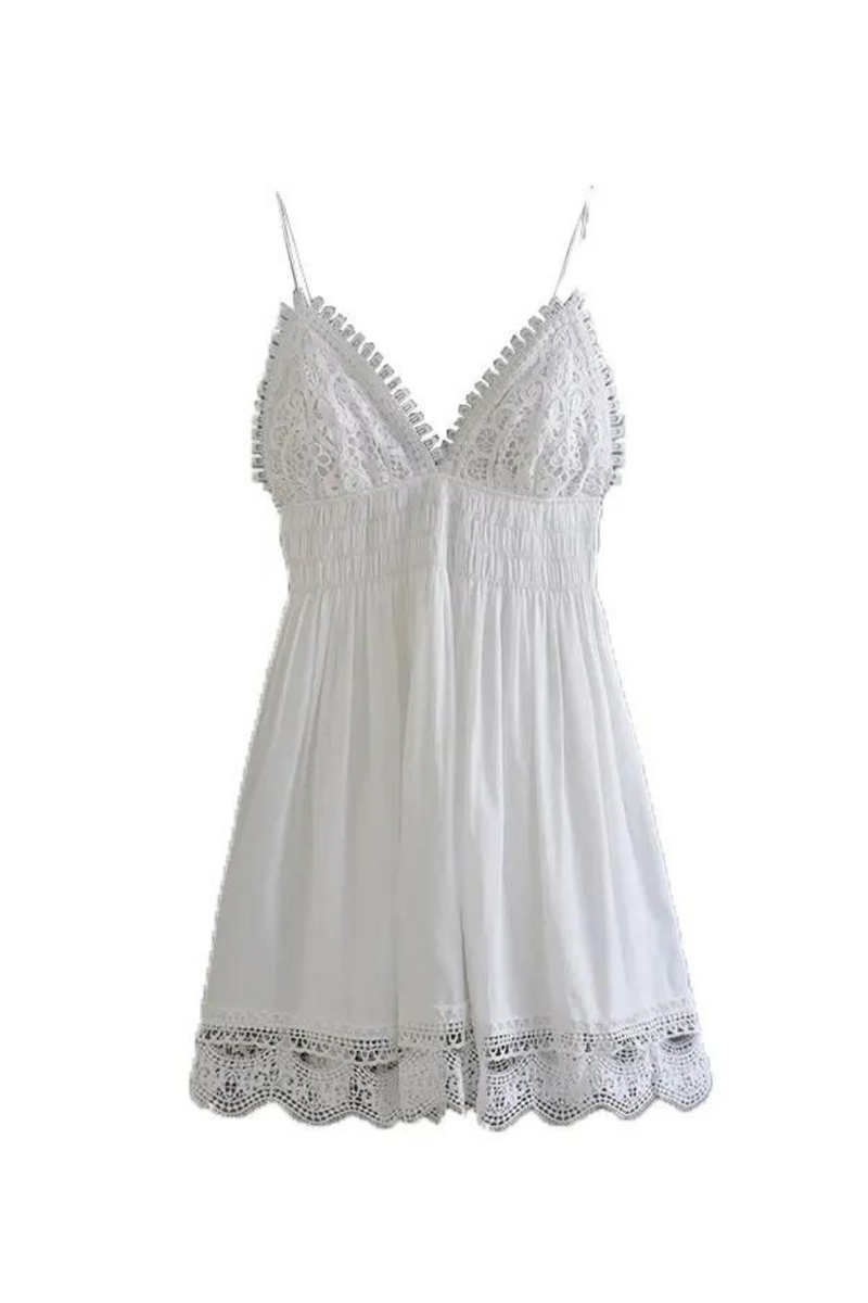 Summer Dress Women's White Casual Chic Backless Crochet Embroidery Short Sling Dress