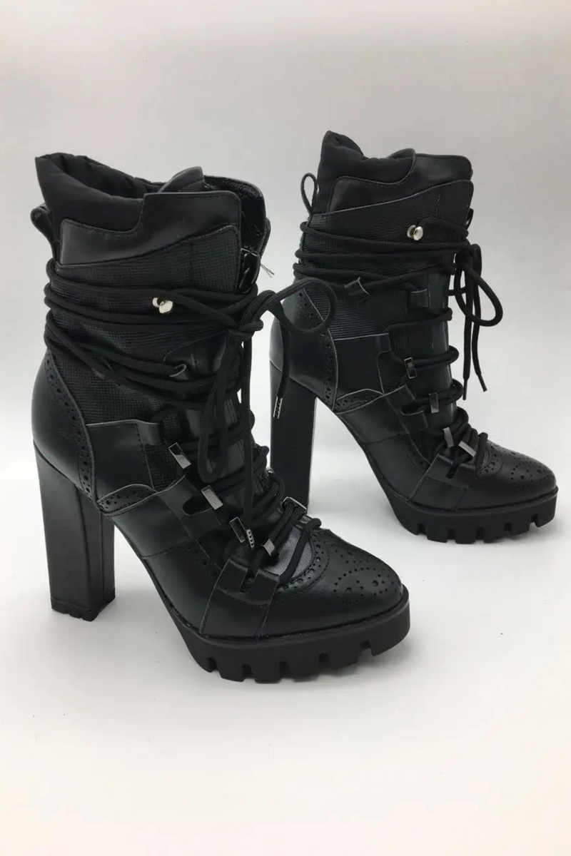 Women Cross-tied Platform Motorcycle Boots Square High Heels Ankle Boots