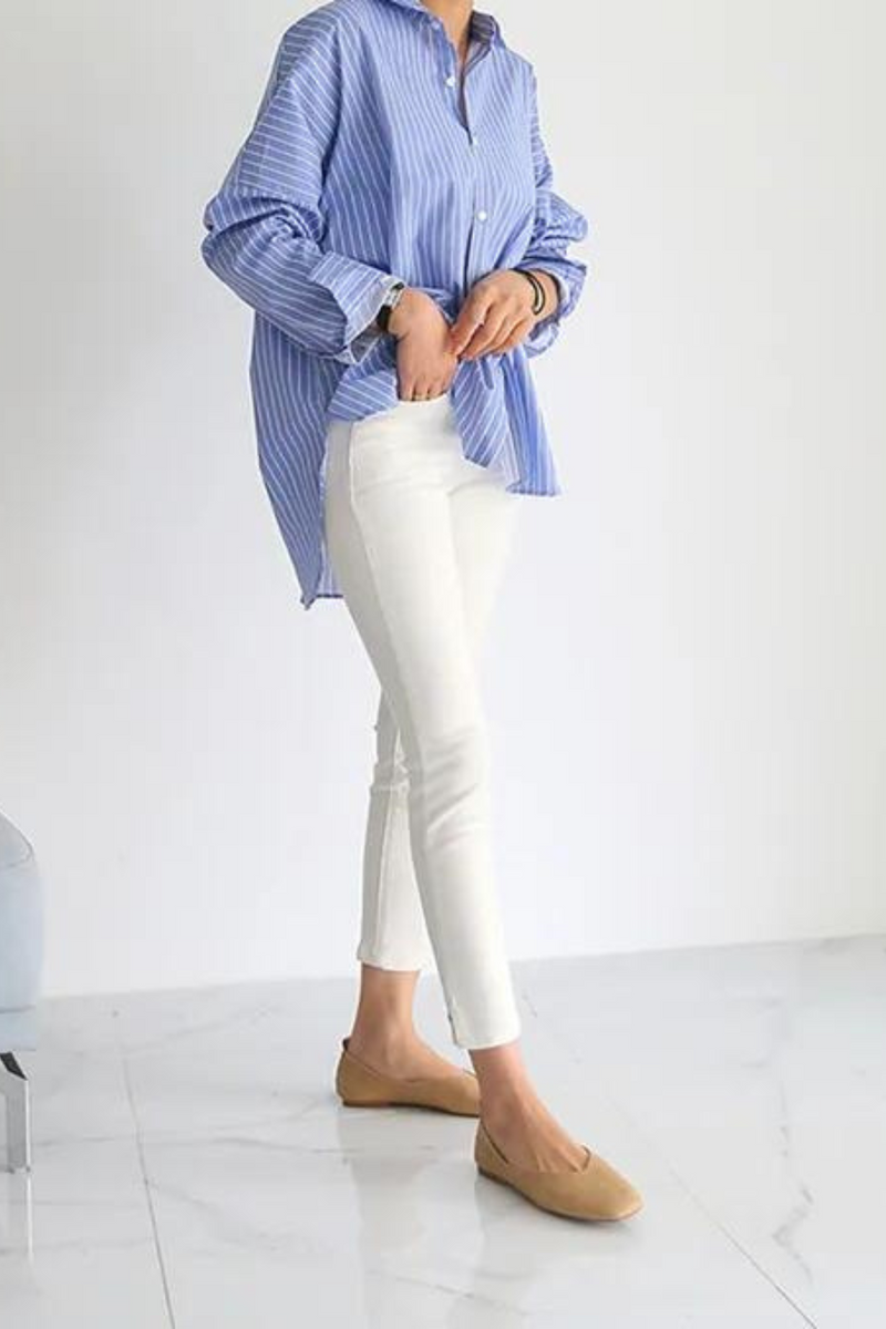 Spring  Casual Striped Shirt Women's Long Loose Irregular Full Blouse