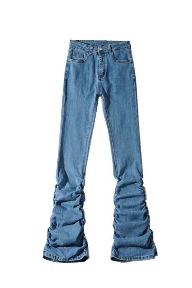 Pleated Women Jeans Autumn High Waist Solid Wide Leg Ankle Length Elegant