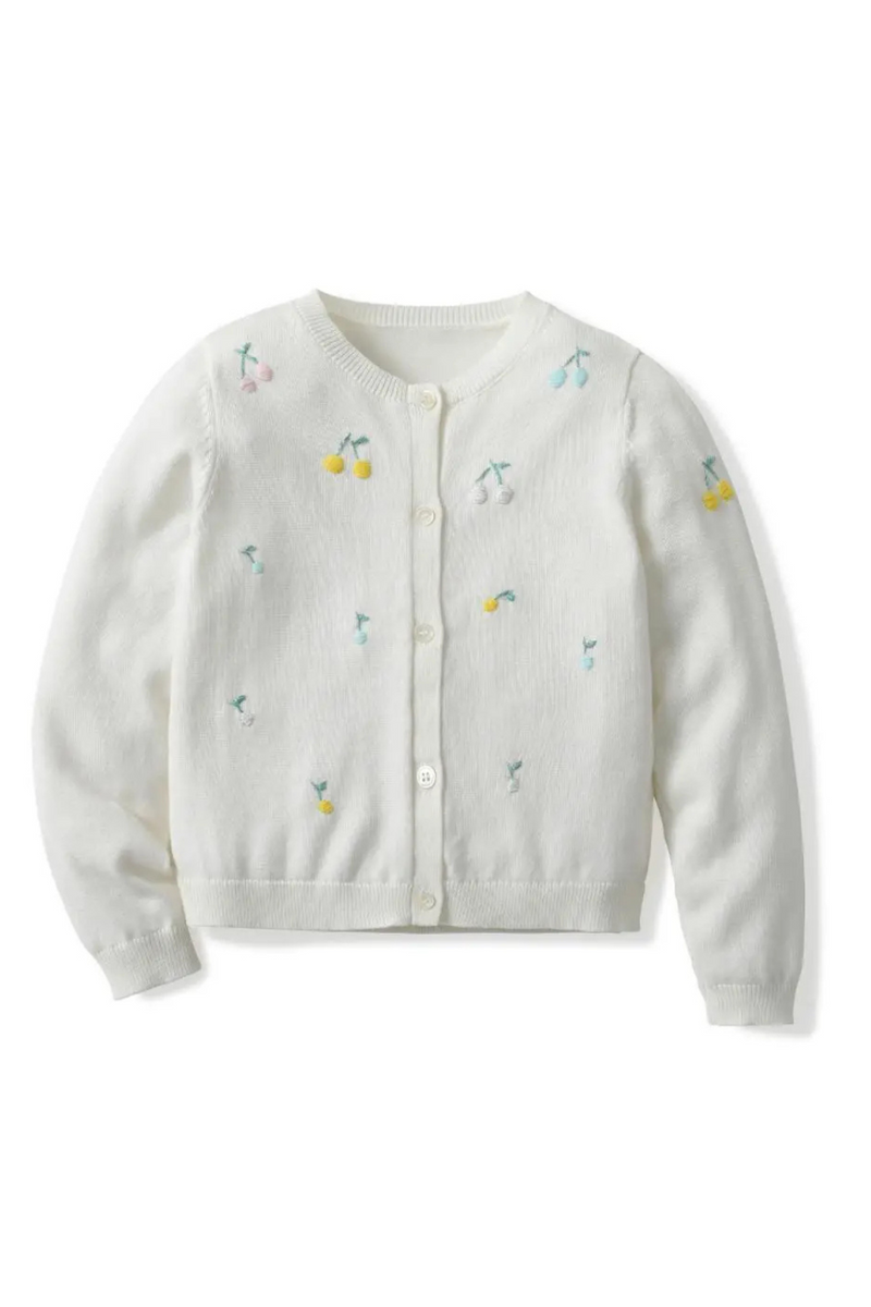 Kids Girls Cherry Hand Embroidery Long Sleeves Knitted Sweater Clothes Teen Girls Organic Cotton Knit Cardigan