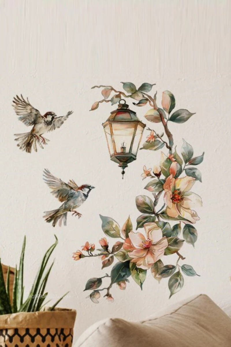 Flower Pendant Lamp Bird Wall Sticker for Bedroom Entrance Home Background Decor Wall Art