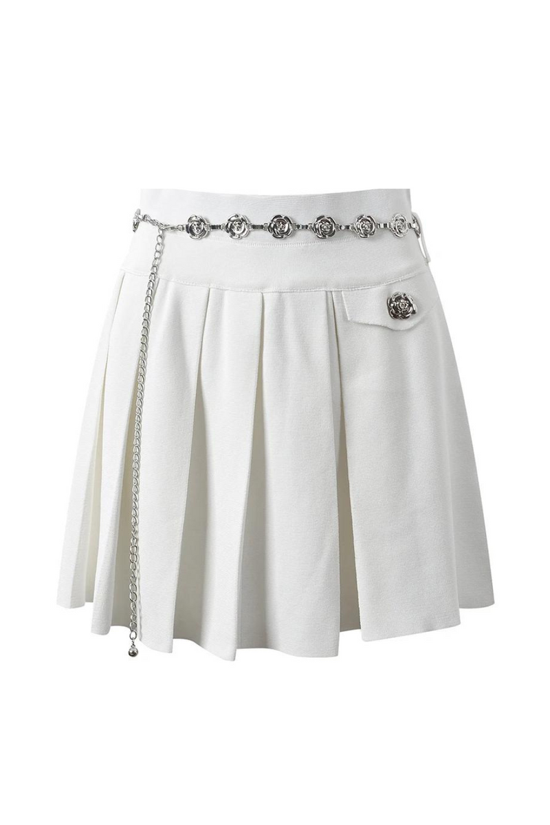 Pleated Women sKnitted Mini Skirt with Chain Belt