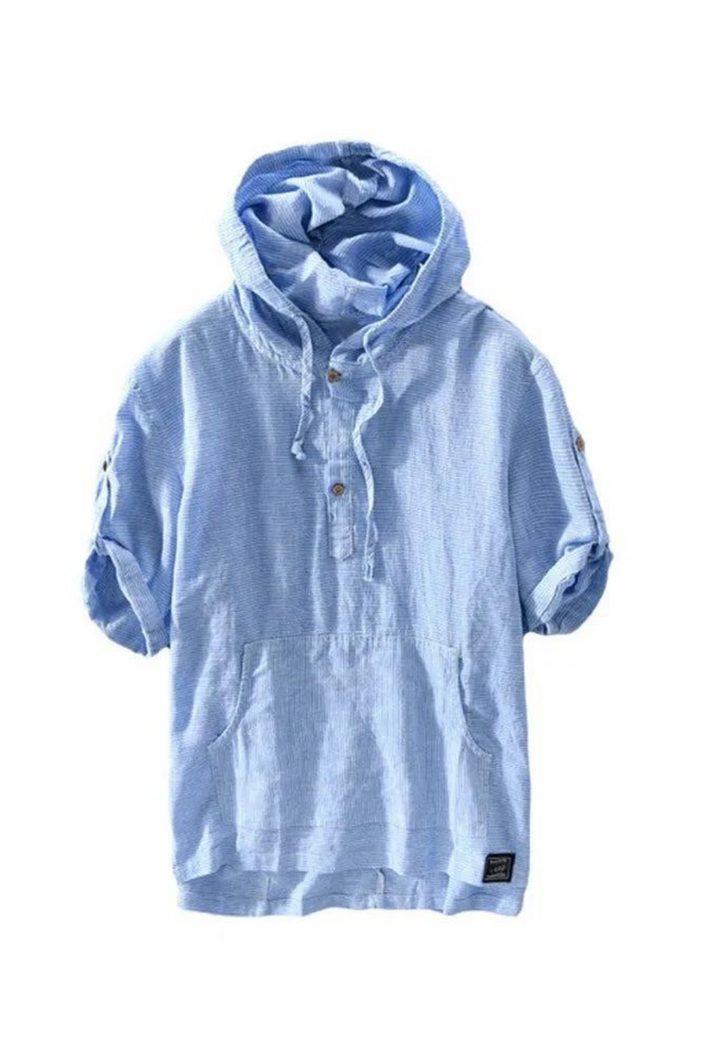 Summer Men Hooded Linen Shirts Breathable Short Sleeve Tops Striped Causal Male