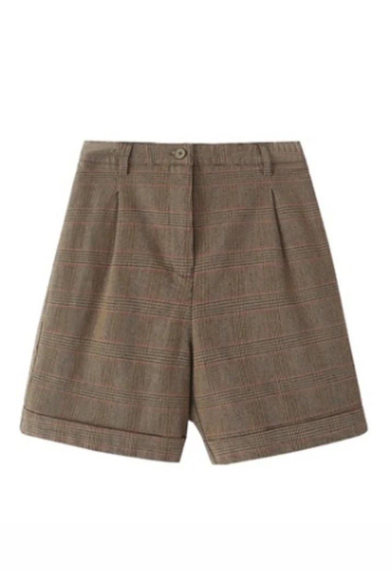 Casual Women Brown Button Plaid Short Pants Summer Ladies Casual Female Knitted Shorts