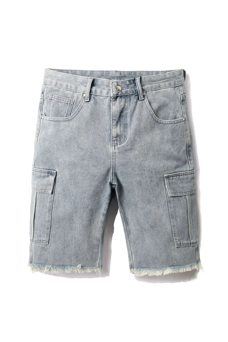 Men Cargo Denim Shorts Summer Fringe Jeans Gray Blue Cotton Knee Length Breeches