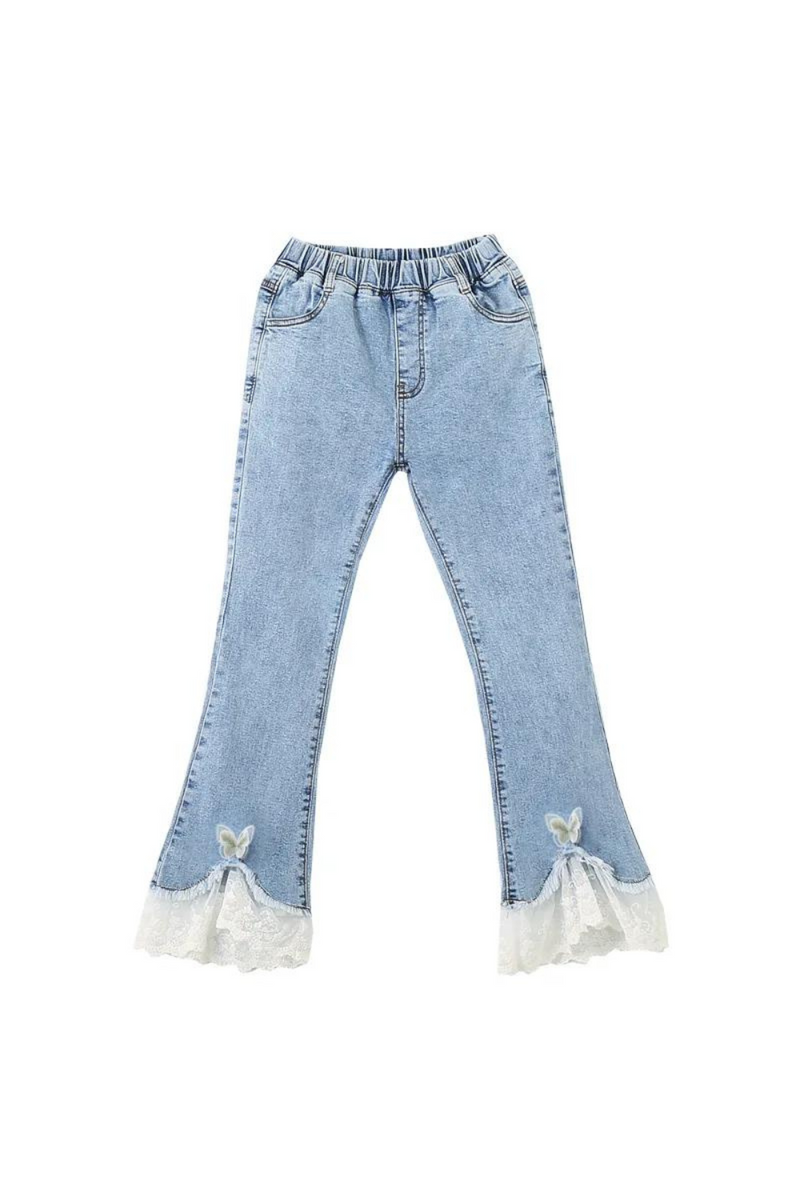 Spring Autumn Lace Flared Jeans for Kids Girls Elastic Waist Denim Pants