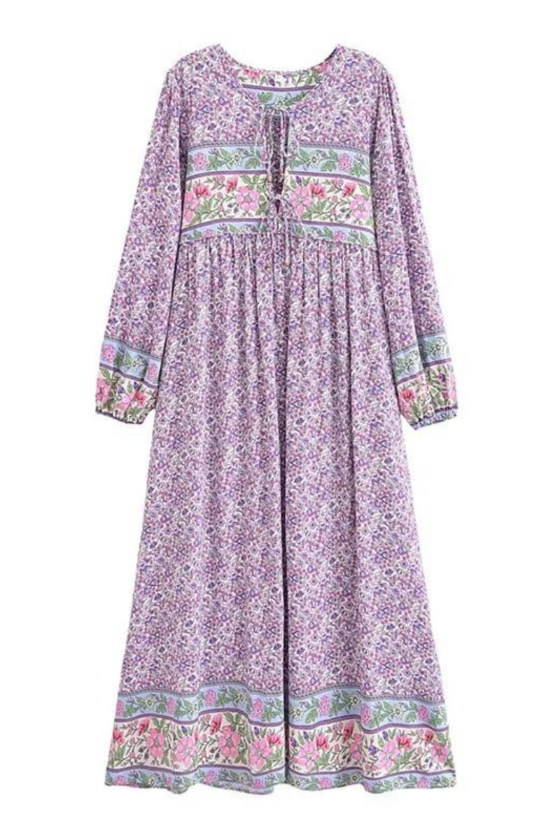 Lavender Small Flower Bow Lacing up Neck Long Straight Dress Women Viscose Cotton Full Sleeve Maxi Holiday