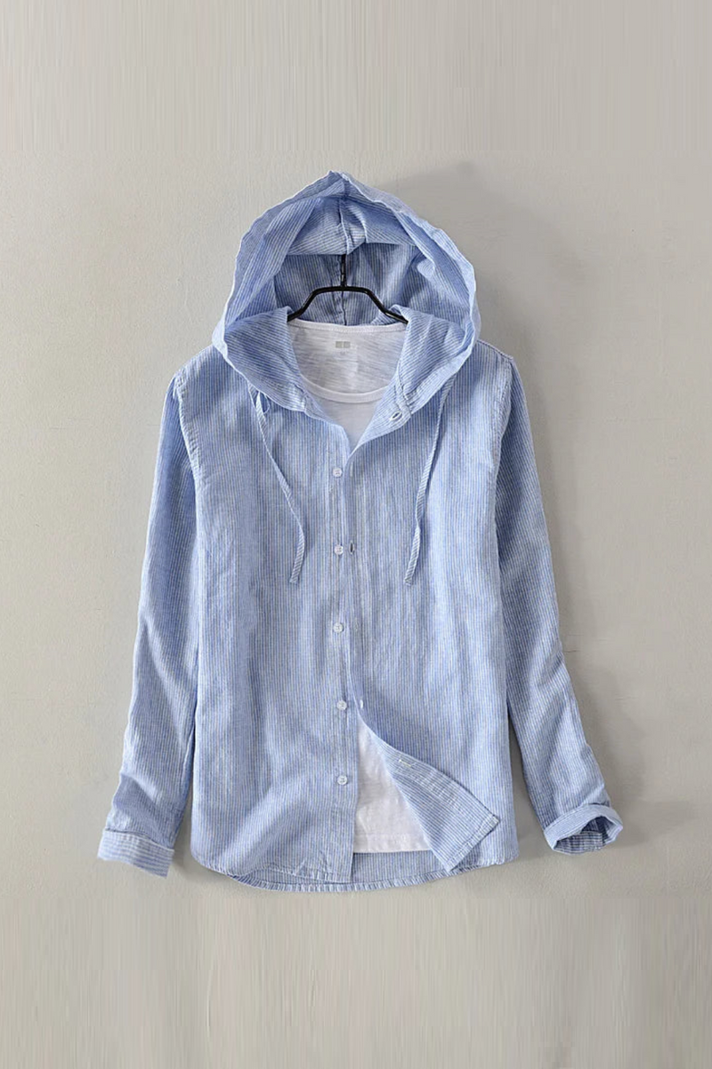 Men linen casual hooded long-sleeved shirt solid sky blue shirts men