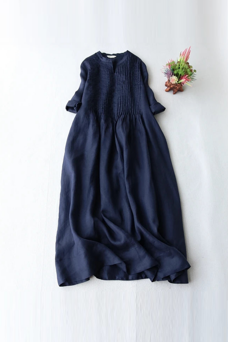 Summer Cotton Linen Dress Women Thin Pleated Flowy Three Quarter Sleeve Dresses Loose Pockets Long