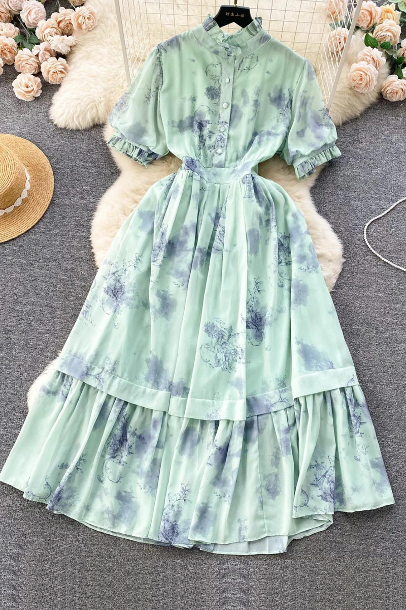 Summer Women Floral Chiffon Long Dress Elegant Ruffle Single Breasted Short Sleeve