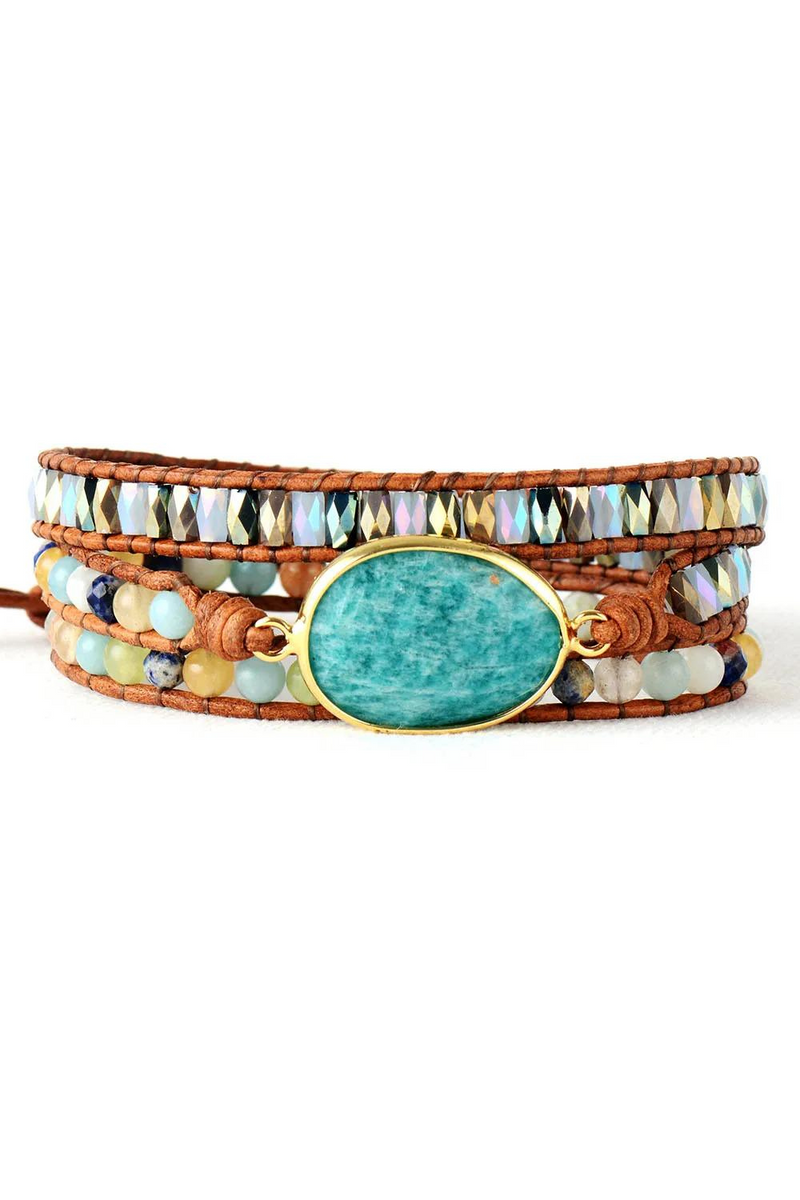 Exclusive Womens Bracelets High End Amazonite Stone Rhinestone Leather Wrap Bracelet Femme Boho Bracelets