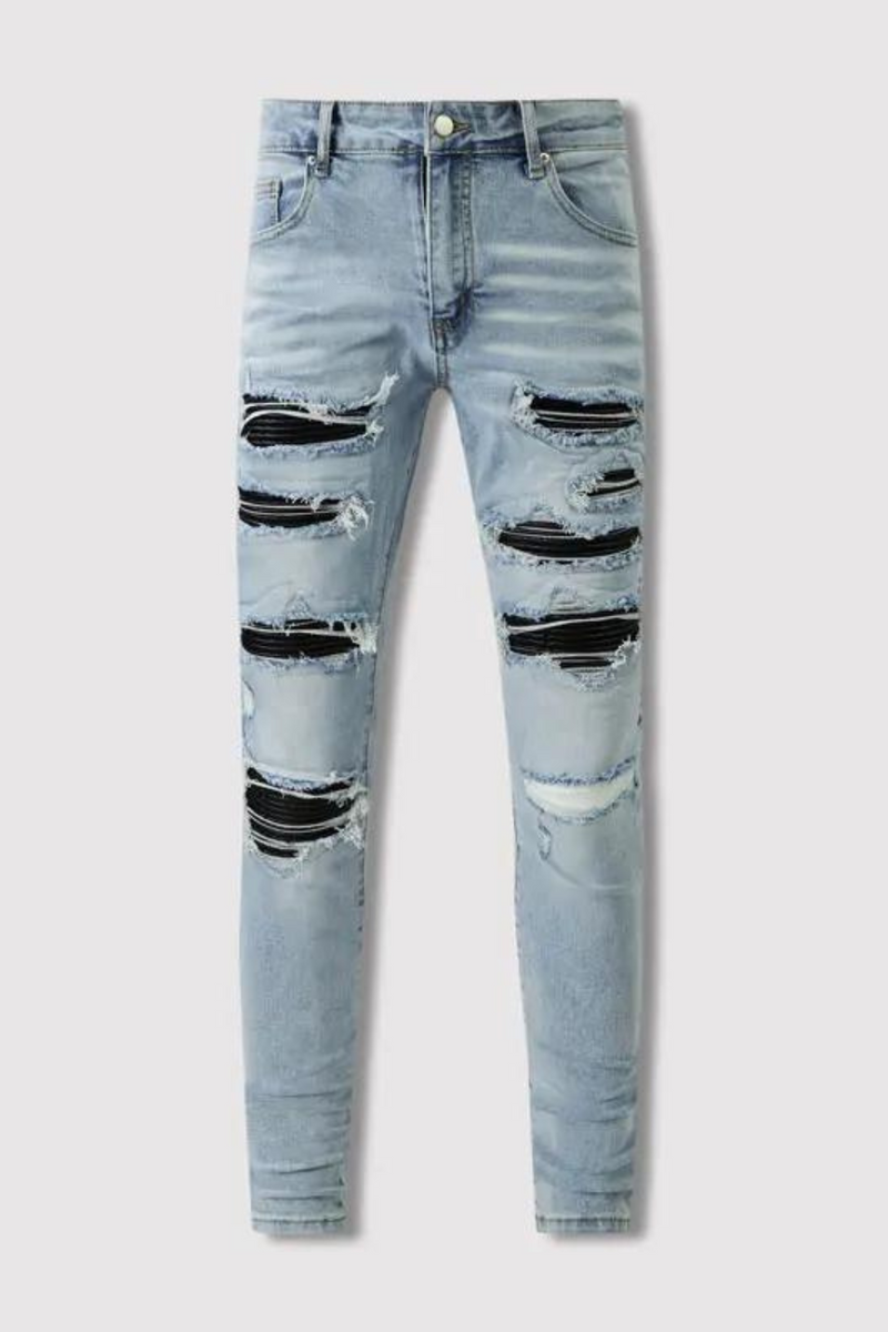 Men Jeans Stretch Skinny Fit Retro Light Blue Ripped Jeans Men Black Leather Patched Designer Hip Hop