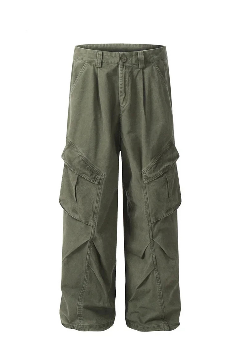 Spliced Pocket Cargo Pants Men Safari Loose Pleated Straight Wide Leg Trousers Men