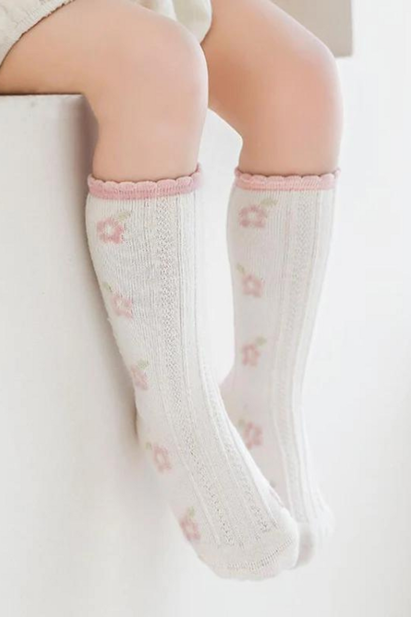 Spring Children Cotton Socks Knee High Girls Frilly Sock Flower Pattern Newborn Baby Floor Socks For Girls Kids Long Sock Cute