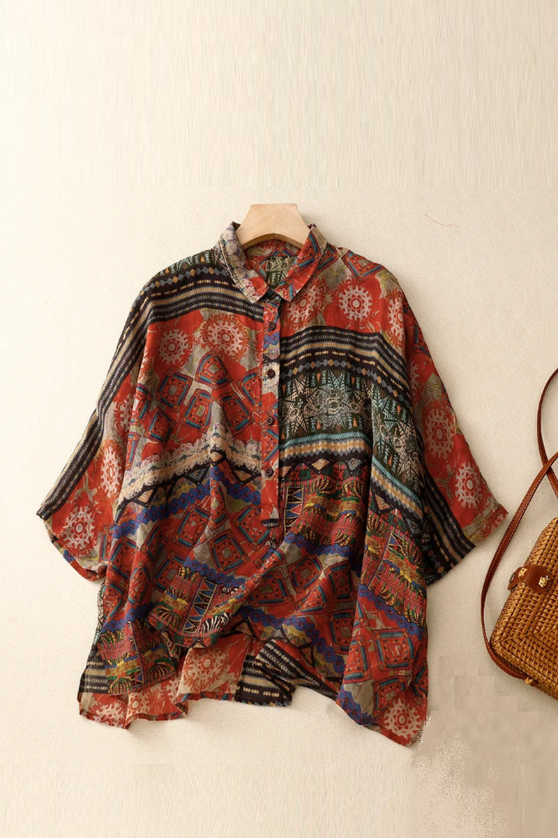 Ethnic Blouse Thin Spring Summer Batwing Sleeve Loose Ramie Shirt Female Casual Tops