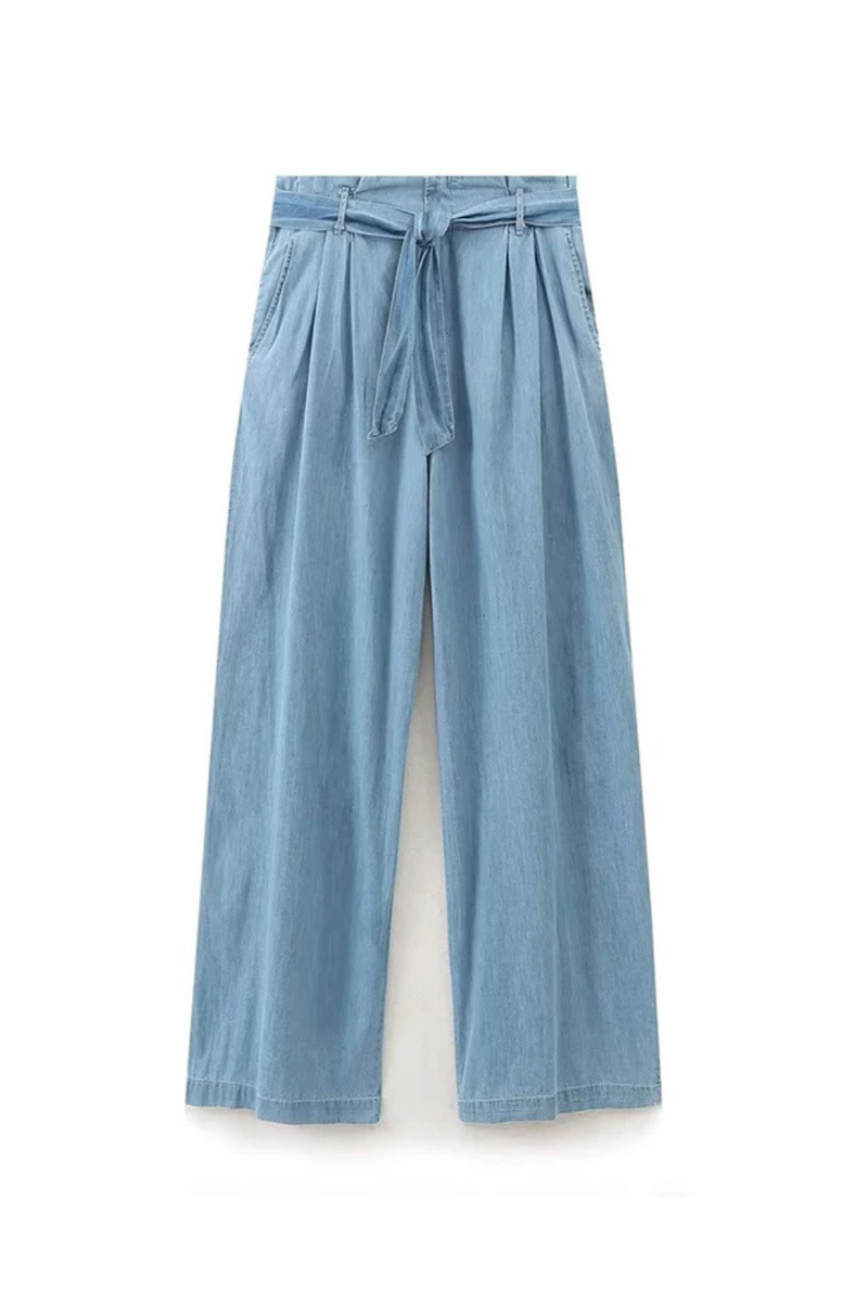 Autumn Women With Belt Light Blue Denim Wide Leg Pants Casual Trousers Female