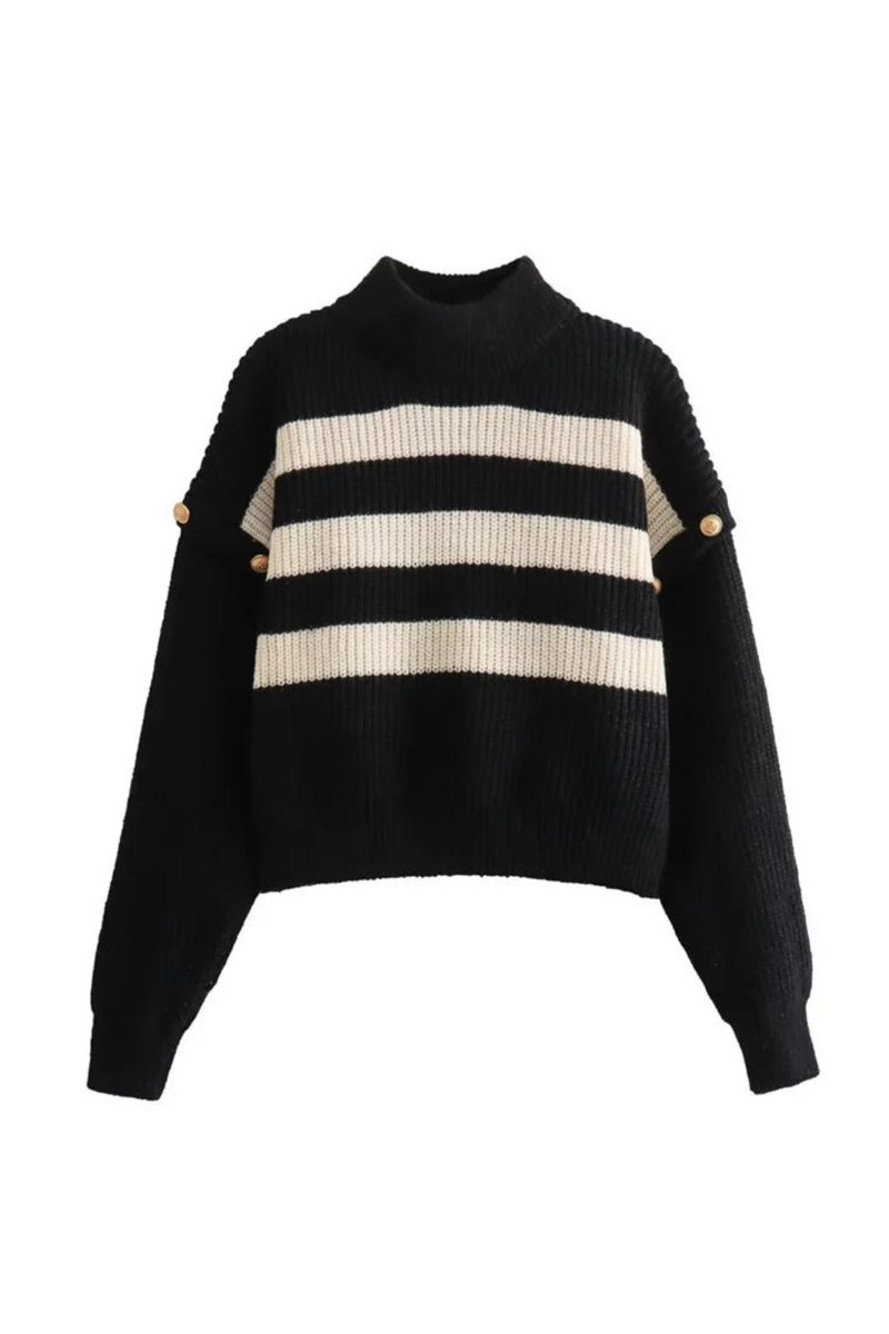 Launch Buttons Decoration Women Mock Neck Striped Sweater Knitted Top Pullover