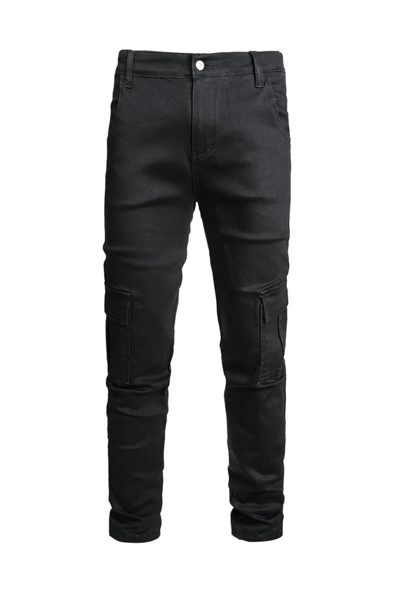 Men Side Pockets Cargo Pants Classic Black High Stretch Denim Jeans Slim Straight Trousers