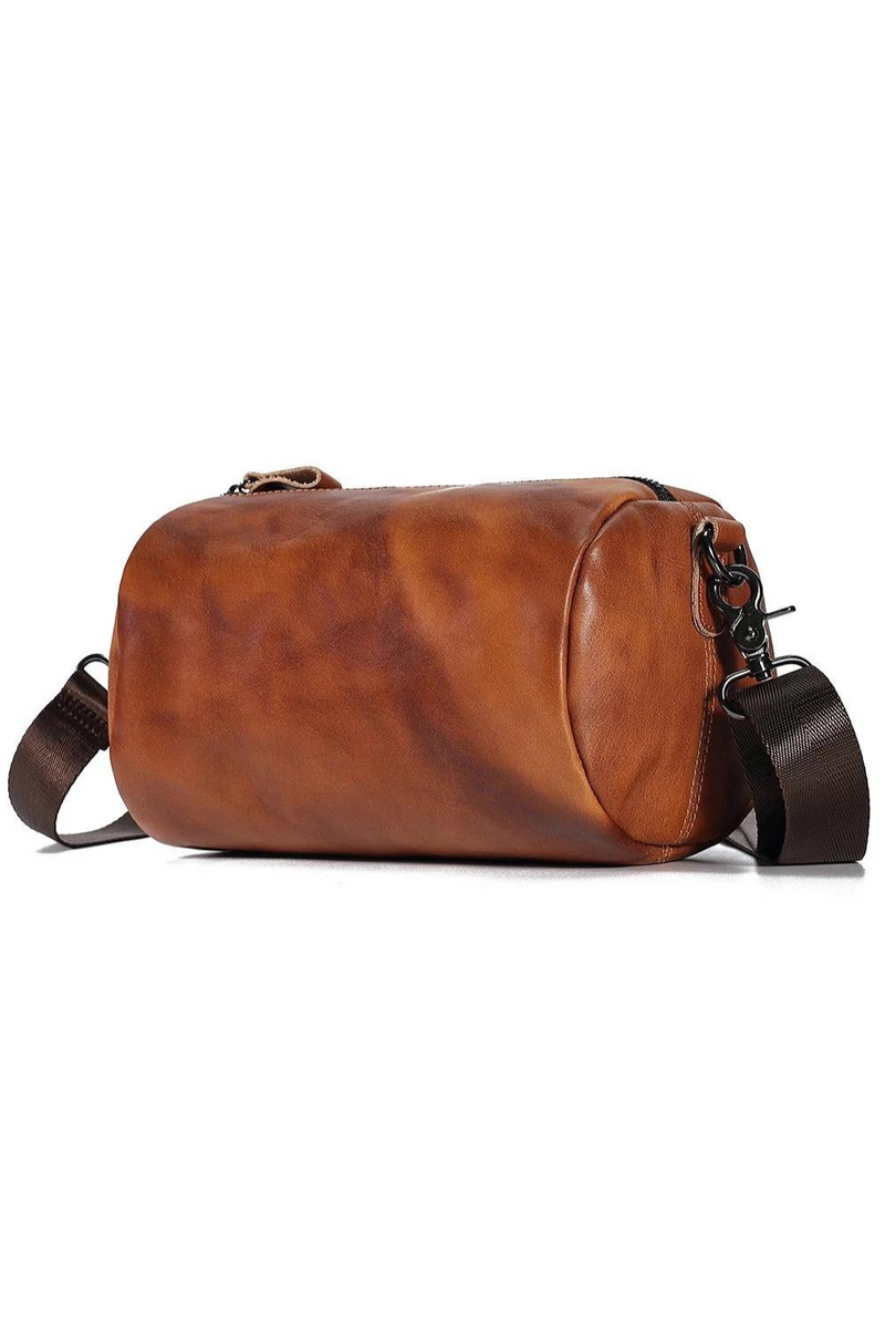 Vintage Real Leather Crossbody Bag for Men Women Cylindrical Shoulder Bag Designer Small Messenger Bag