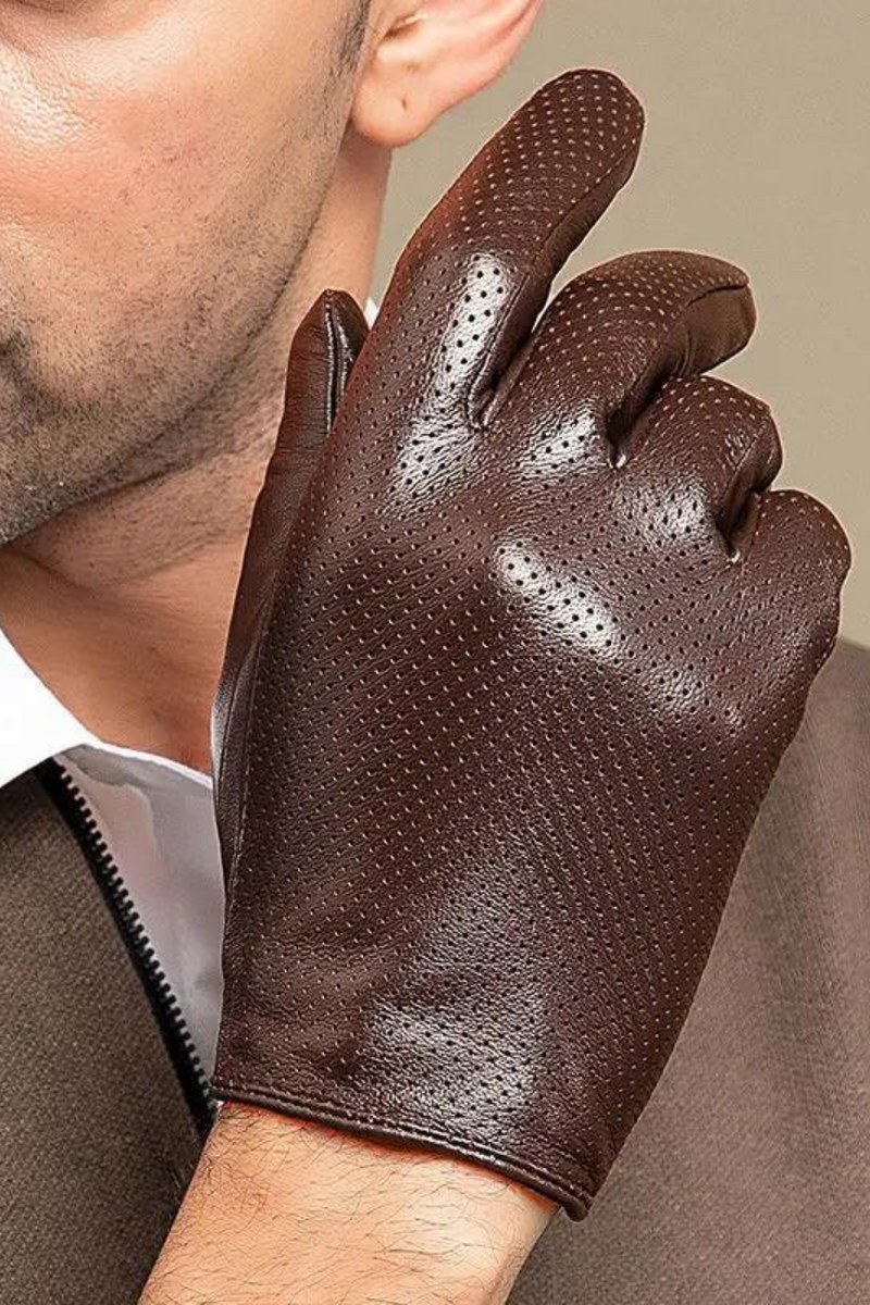 Men Genuine Leather Driving Gloves Breathable Hollow Design Thin Mittens