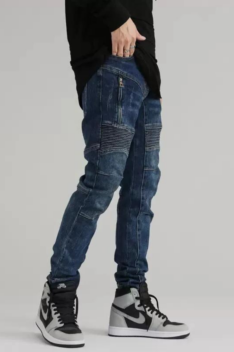 Men Jeans Retro Blue Elastic Slim Fit Spliced Biker Jeans Men Zipper Designer Patched Hip Hop Pants