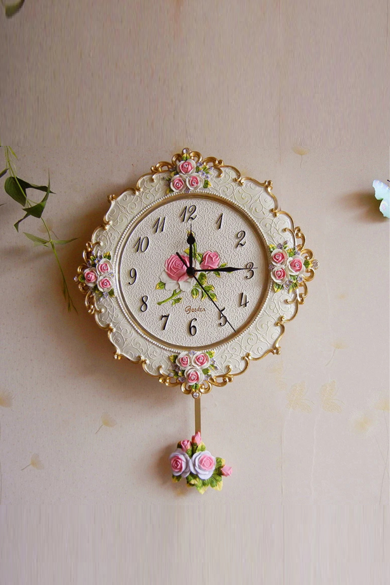 Luxury Pink Wall Clock Vintage Swing Pendulum Clock Wall Creative Living Room Silent Clocks Resin