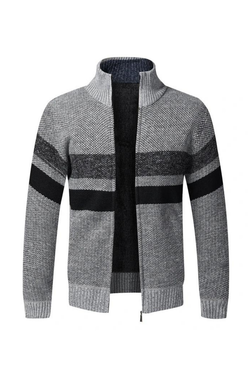 Winter Warm Striped Sweater Men Cardigan Coats Casual Stand Collar Sweatercoat Cashmere Fleece