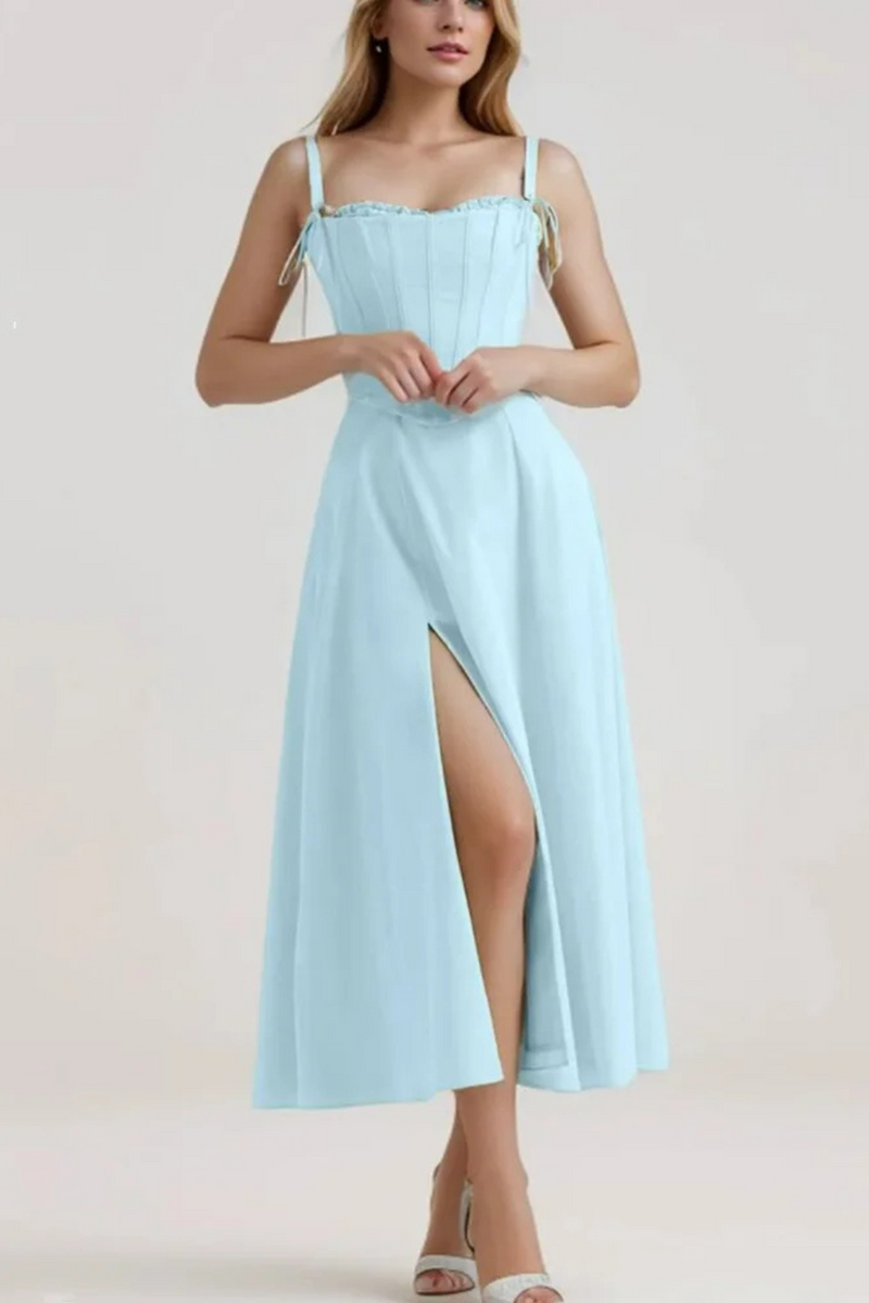 Aqua blue Hem Slit Swing Midi Dress With Bow Strap Slim Corsets Crop Top Fairy