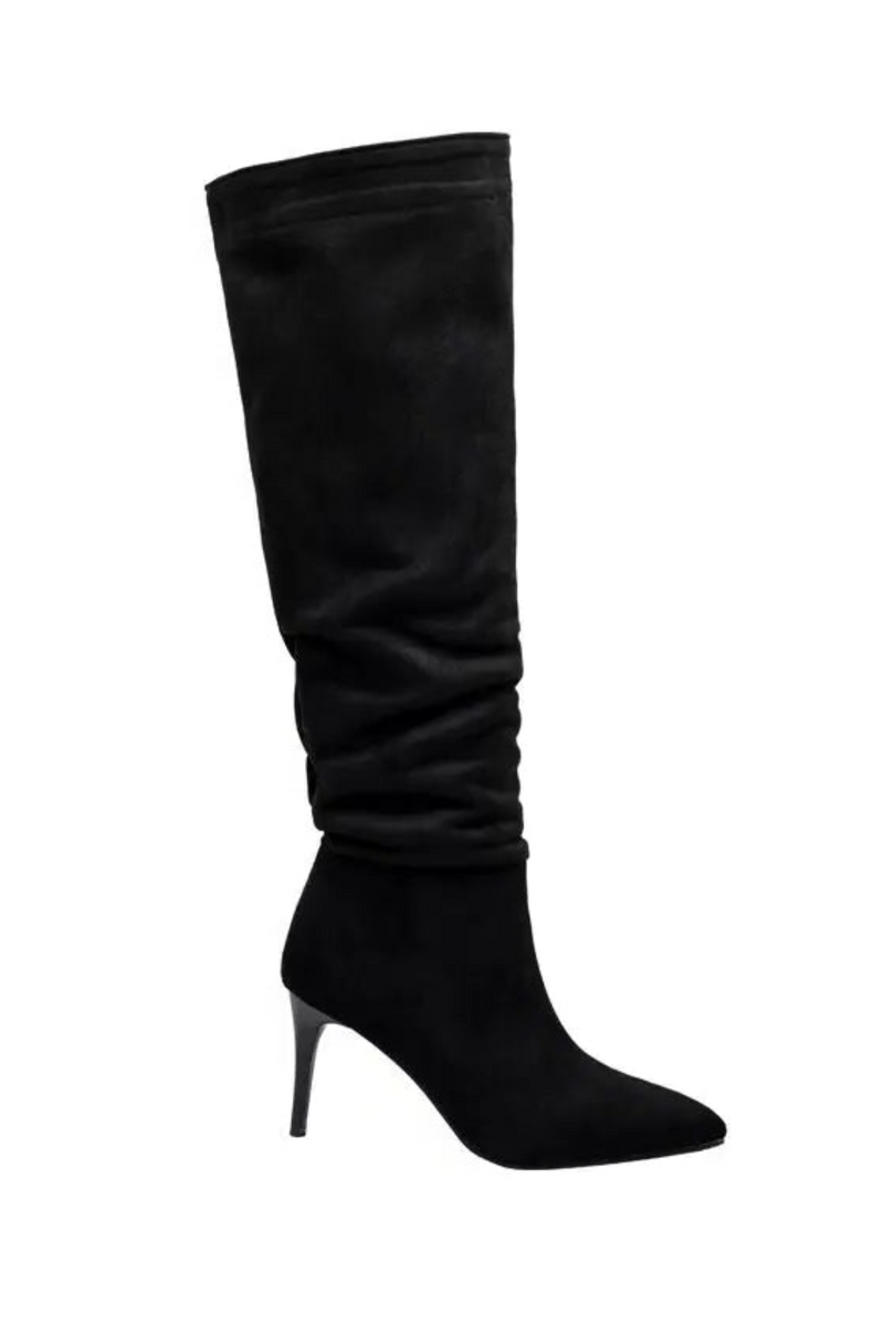 Women Knee High Boots Pointed Toe Thin Heels Flock Pleated Party Long Booties