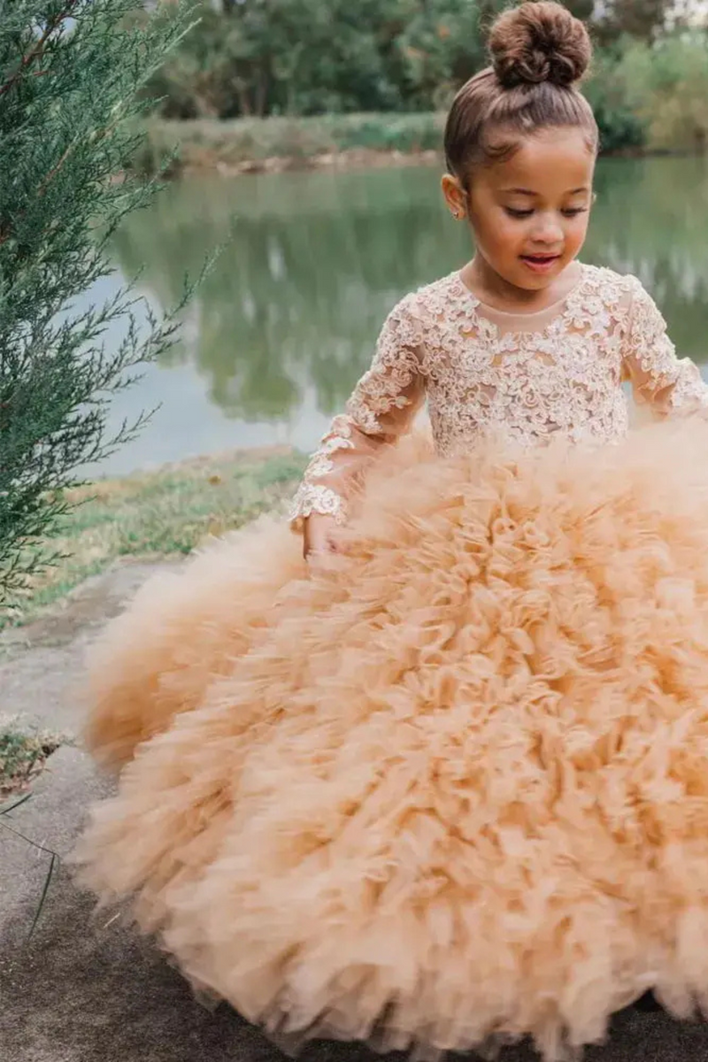 Layered Flower Girl Dress For Wedding Applique Puffy Tulle Full Sleeves Lace Birthday