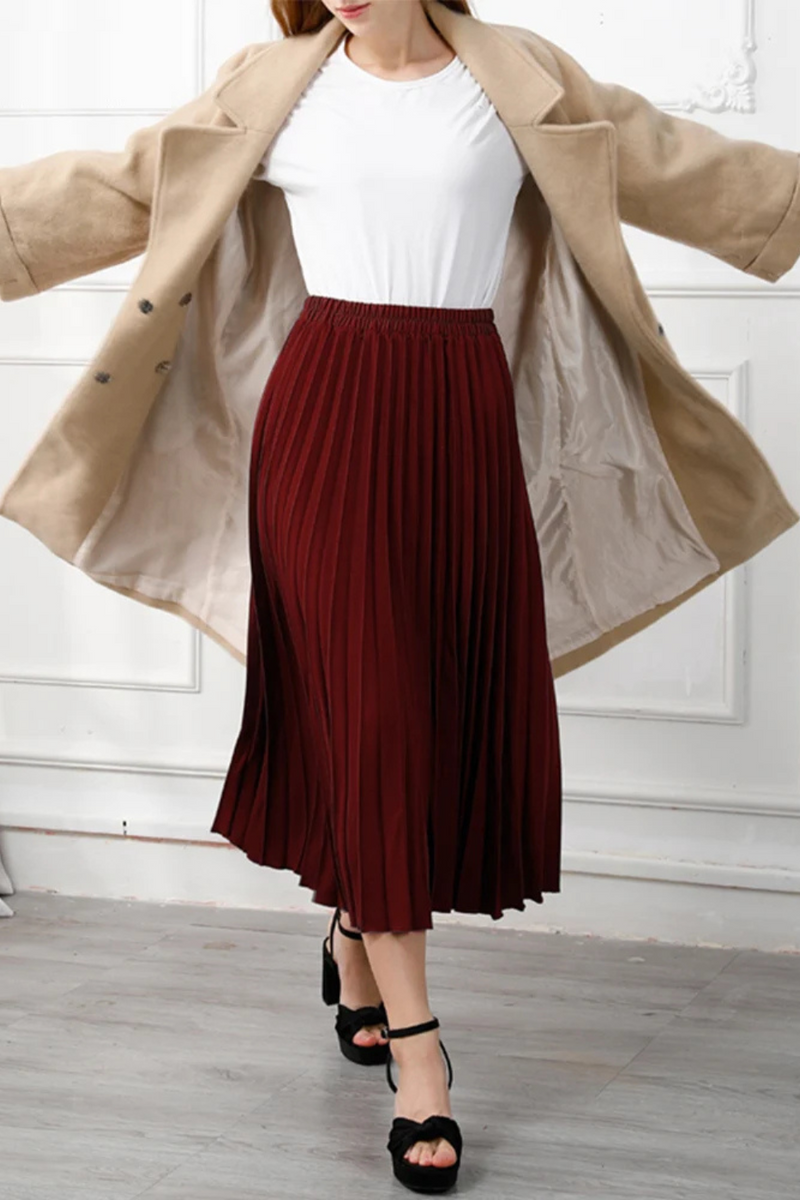 Women's Pleated Midi Skirt High Waist Thickened Warm Office Swing A-Line Skirts