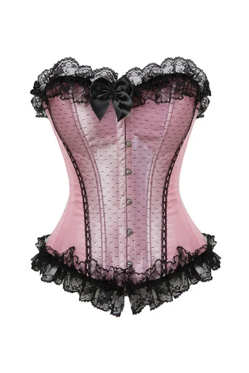 Pink Corset Top Bustier with Lace Up Trim Satin Overbust Ladies Shaper Victorian Floral Princess Red