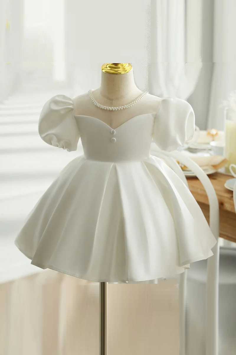 Baby Girl Princess Pearl Neck Dress Puff Sleeve Infant Toddler Child Frocks