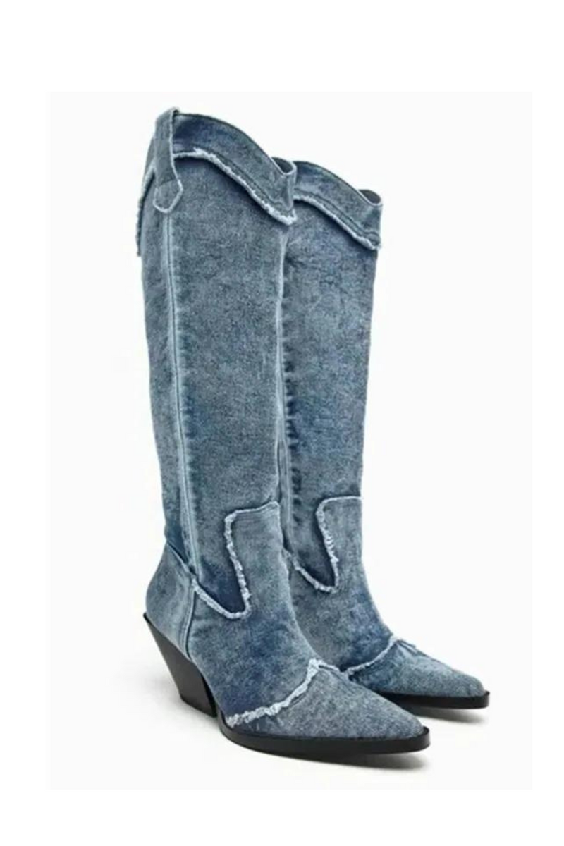 Denim Boots For Women's High Boots Crystal Fringe Heels Luxury Shoes Retro Ladies Chelsea Boots