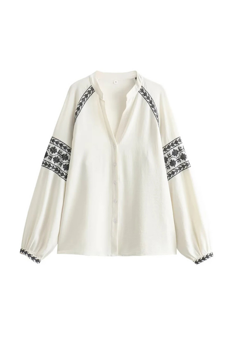 Women Contrasting Embroidery White Shirt Vintage Puff Sleeve V Neck Female Casual Loose Blouse