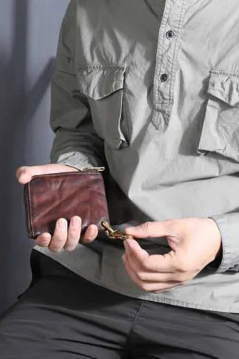 Original handmade leather coin purse retro fold men's short wallet zipper small wallet coin bag